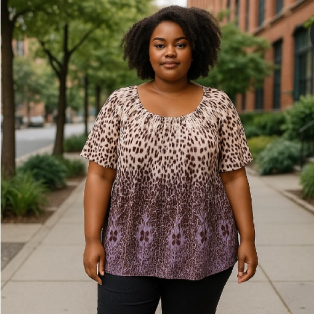Women's Short Sleeve Printed Peasant Top - Brown/Purple